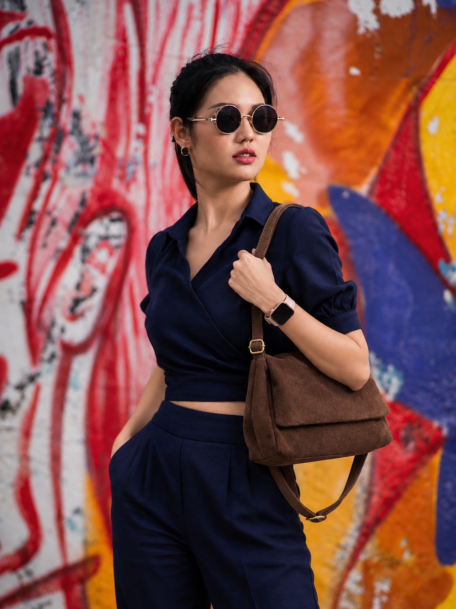 Brown suede crossbody against a painted wall