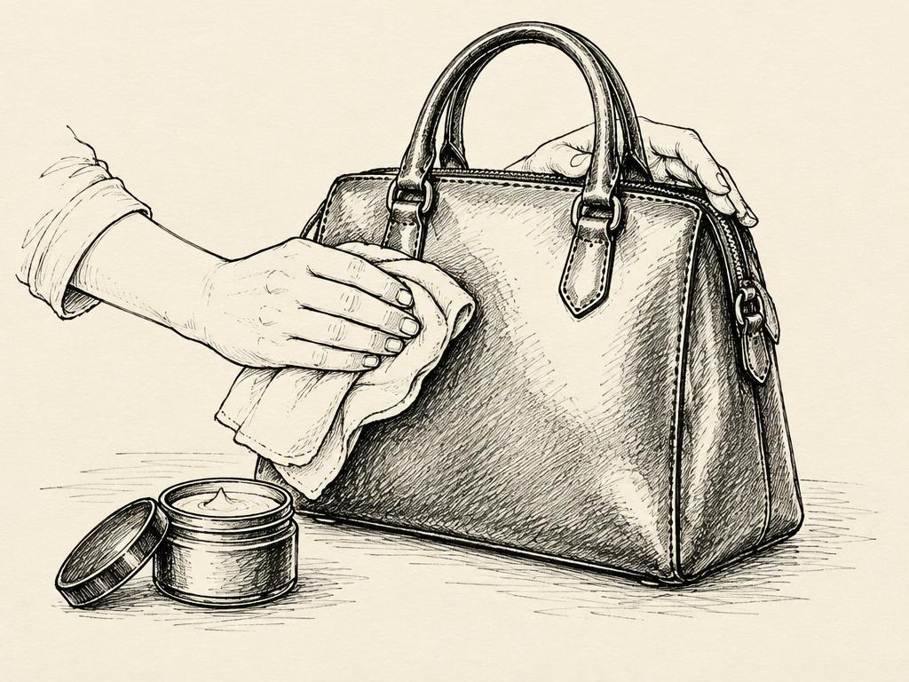Hand-drawn sketch of a leather bag being wiped with a soft cloth
