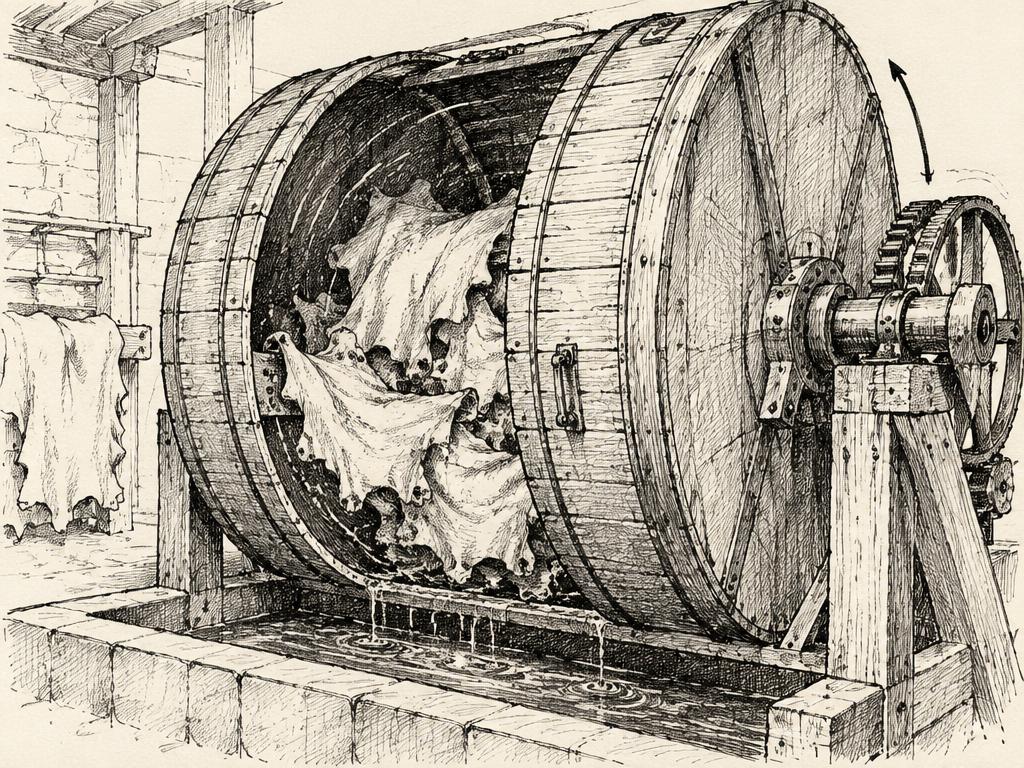 Hand-drawn sketch of a wooden tannery drum turning leather hides