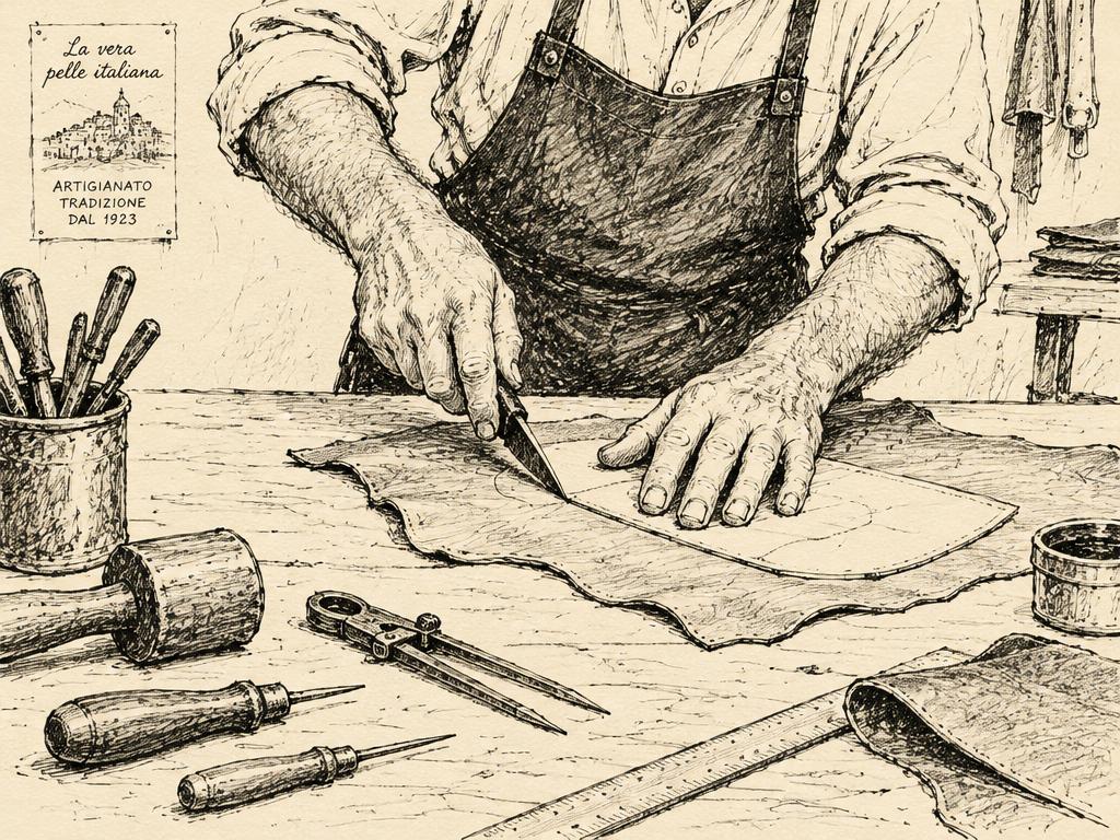 Hand-drawn sketch of an Italian artisan cutting leather
